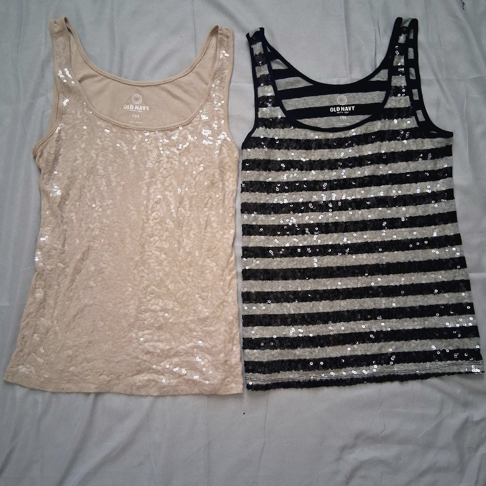 Old Navy Women's Sequin Tank Tops Bundle - Beige and Black Stripes